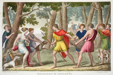 Meleager og Atlanta eller Meleagro e Atalanta, Bog VIII, illustration fra Ovids Metamorphoses, Firenze, 1832 (håndkoloreret gravering)